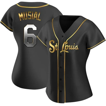 St. Louis Cardinals ＃6 Stan Musial Women's Replica Black en Alternate Jersey - Gold